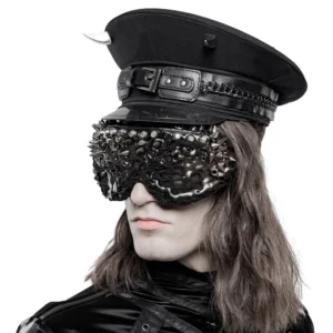 Black punk captain cap with spiked eye mask detail side profile view on model
