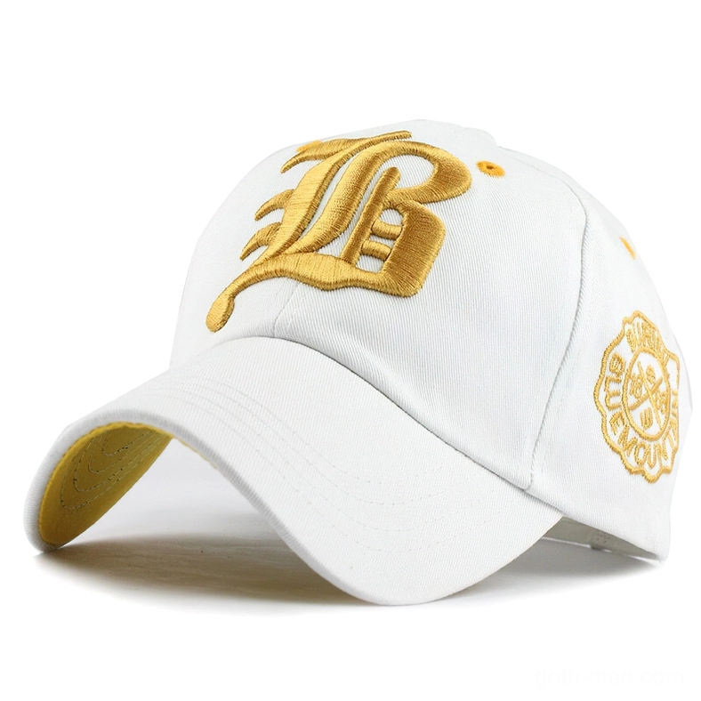 White gothic baseball cap with gold letter embroidery and yellow brim liner - alternative fashion design
