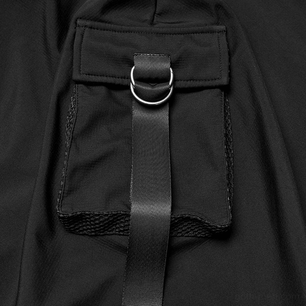Detailed view of 3D side pocket with webbing and D-ring on waterproof gothic wasteland cape, featuring durable black fabric and mesh lining