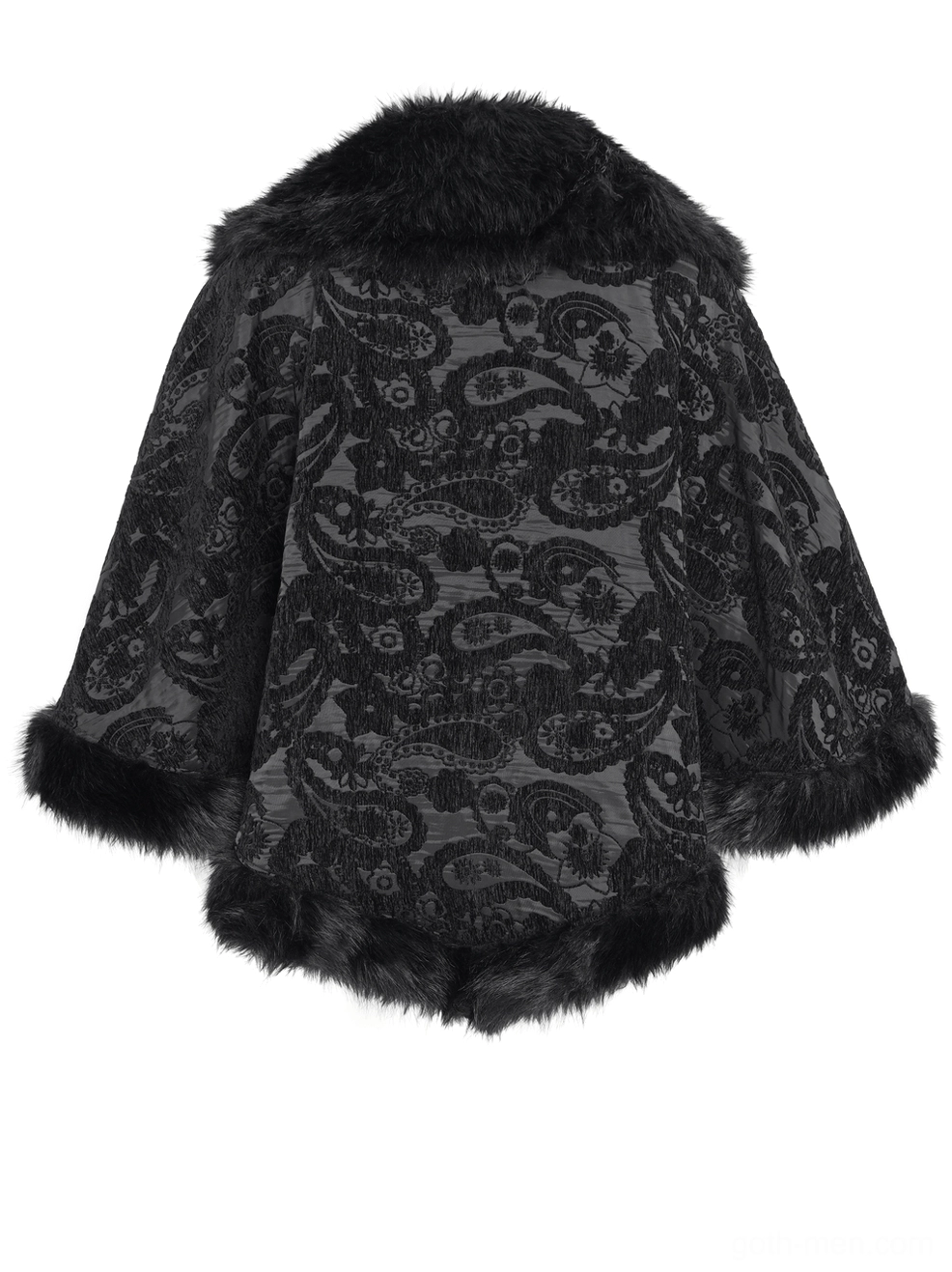 Back view of mannequin wearing black gothic cape displaying faux fur trimmed hem and paisley brocade fabric texture