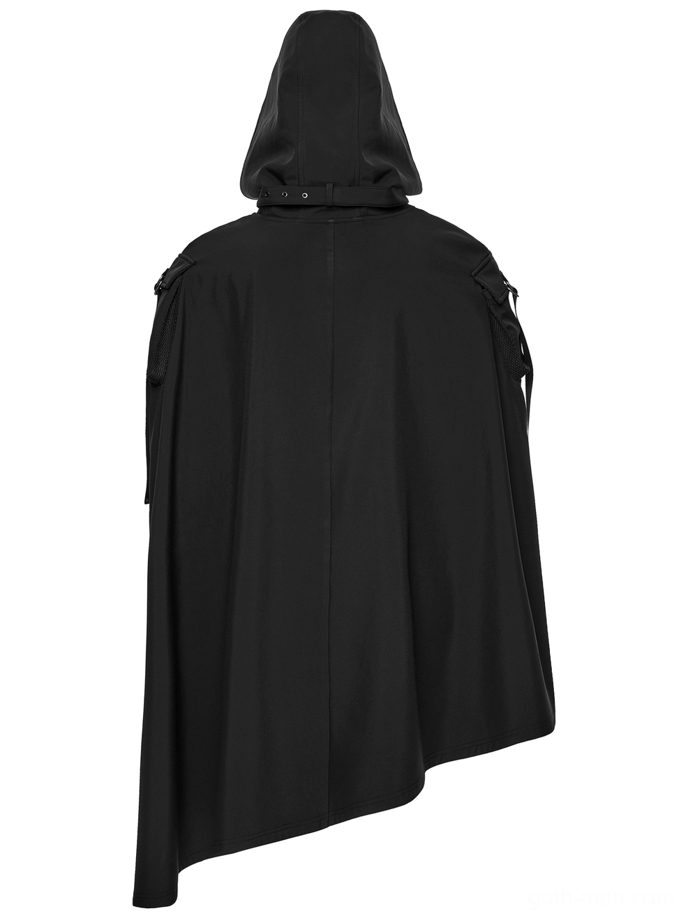 Black waterproof gothic wasteland cape back flat lay showcasing asymmetric hem design, matte fabric finish, and cape length