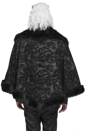 Back view of black gothic occult cape featuring faux fur hem trim and dark paisley jacquard weave pattern