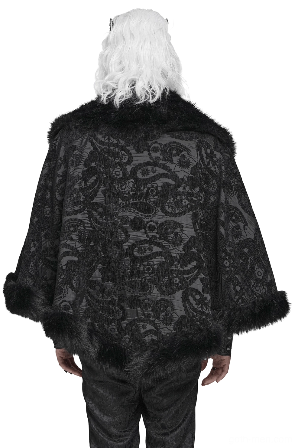 Back view of black gothic occult cape featuring faux fur hem trim and dark paisley jacquard weave pattern