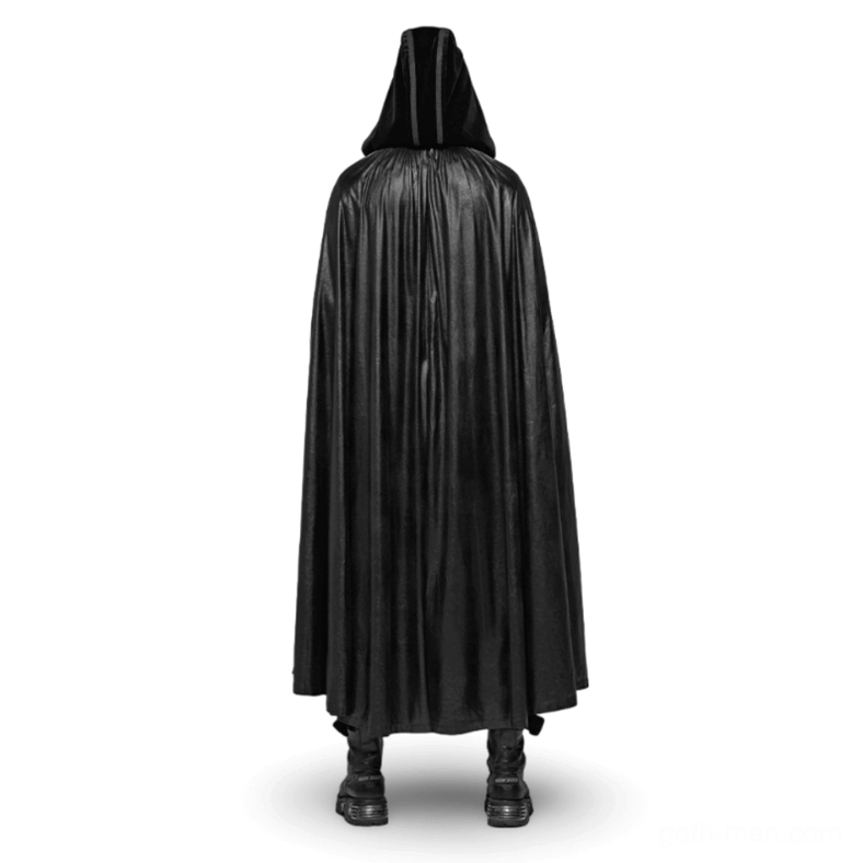 Full-length black gothic cloak rear view showing floor-length hem and satin-like fabric texture