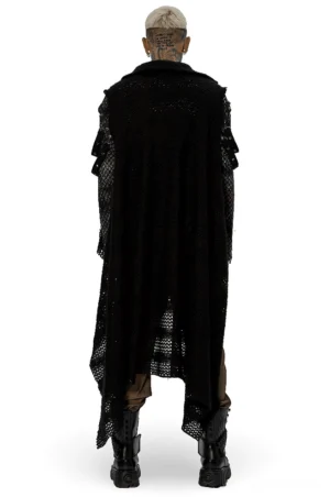 Rear view of goth cape displaying long uneven hem and open-weave mesh texture with flowing asymmetrical silhouette