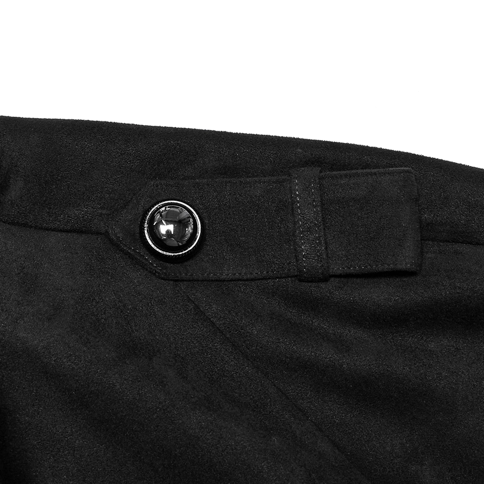 Black gothic cape coat adjustable waist loop detail showing functional side strap construction, metal hardware, and customizable fit mechanism
