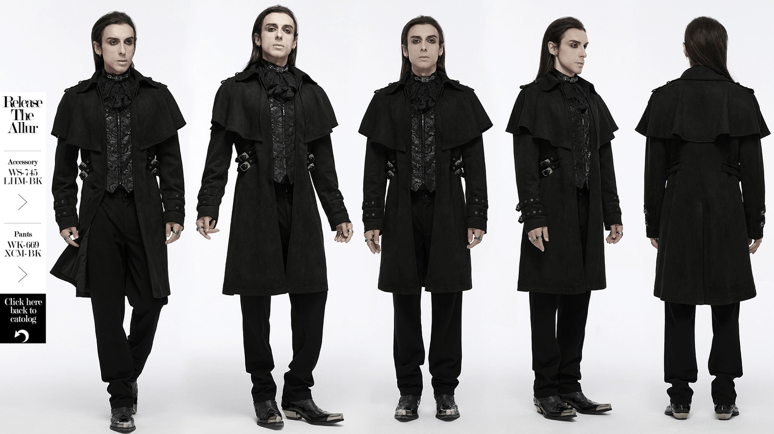 Black gothic cape coat back slit and side strap detail close-up showing functional design, decorative buckle embellishment, and suede material quality