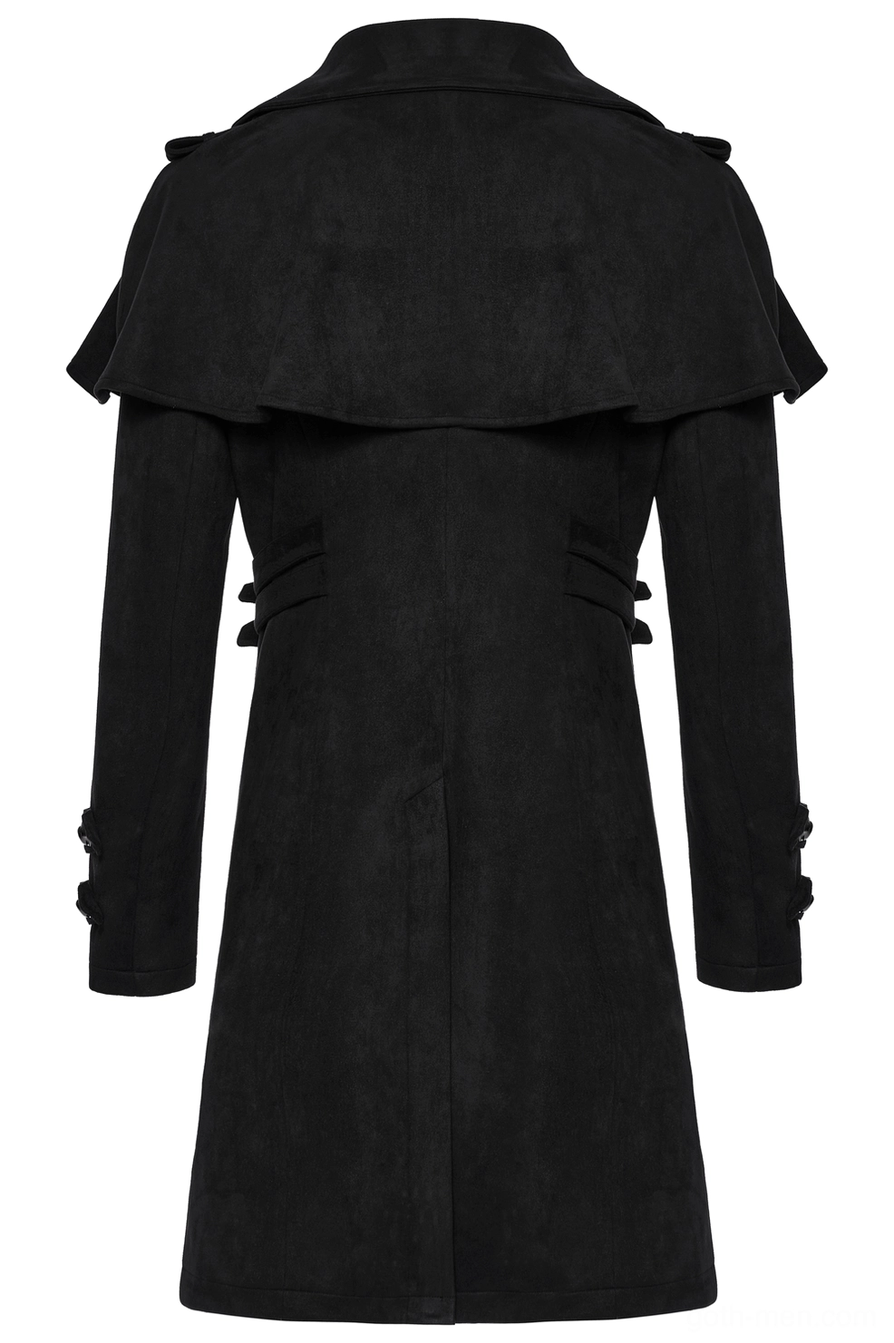 Black gothic suede cape coat rear flat display showing dramatic cape collar, back slit design, side decorative straps, and tailored length construction