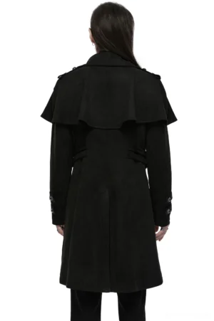 Black gothic suede cape coat rear view displaying dramatic cape shoulder design, tailored long fit, and back slit with decorative side straps