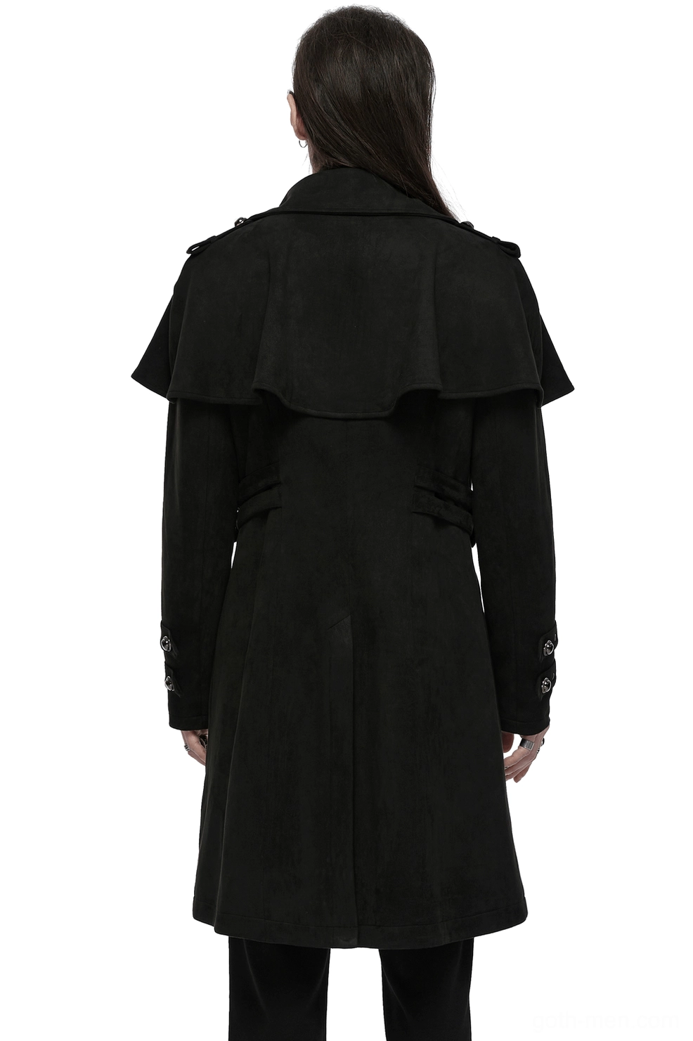 Black gothic suede cape coat rear view displaying dramatic cape shoulder design, tailored long fit, and back slit with decorative side straps