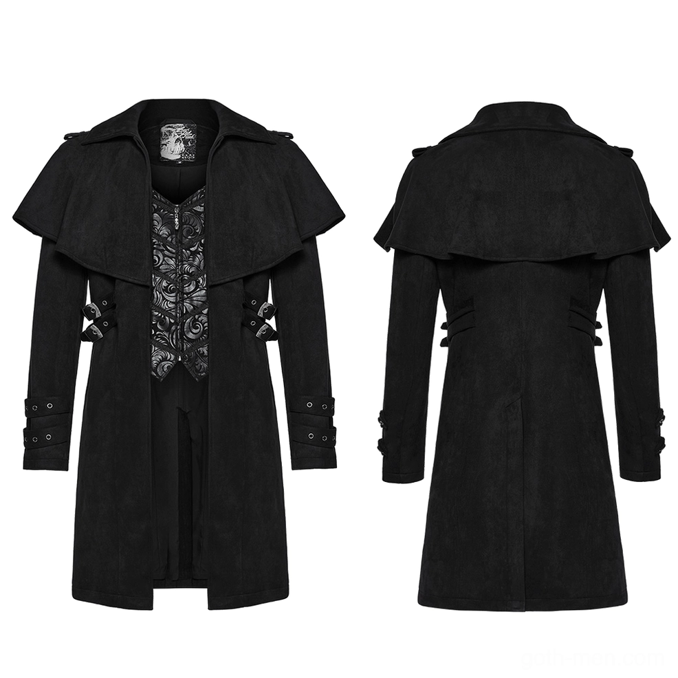 Black suede gothic cape coat front and rear flat display showing decorative side buckles, embroidered front panel detail, and full silhouette construction