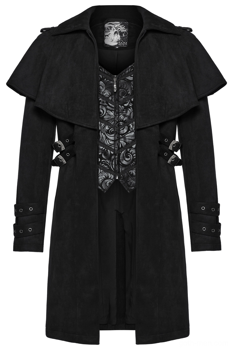 Black gothic cape coat front flat lay highlighting cape collar, cuff buckle straps, embroidered vest front, and hand-carved metal hardware details