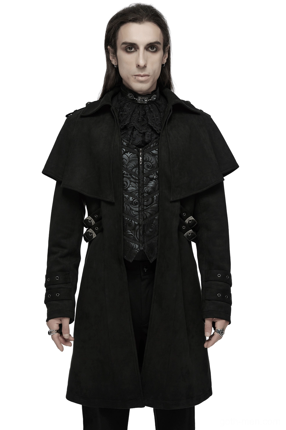 Black suede gothic cape coat with decorative buckles front view, showcasing cape collar, hand-carved cuff straps, and embroidered inner vest detail on male model