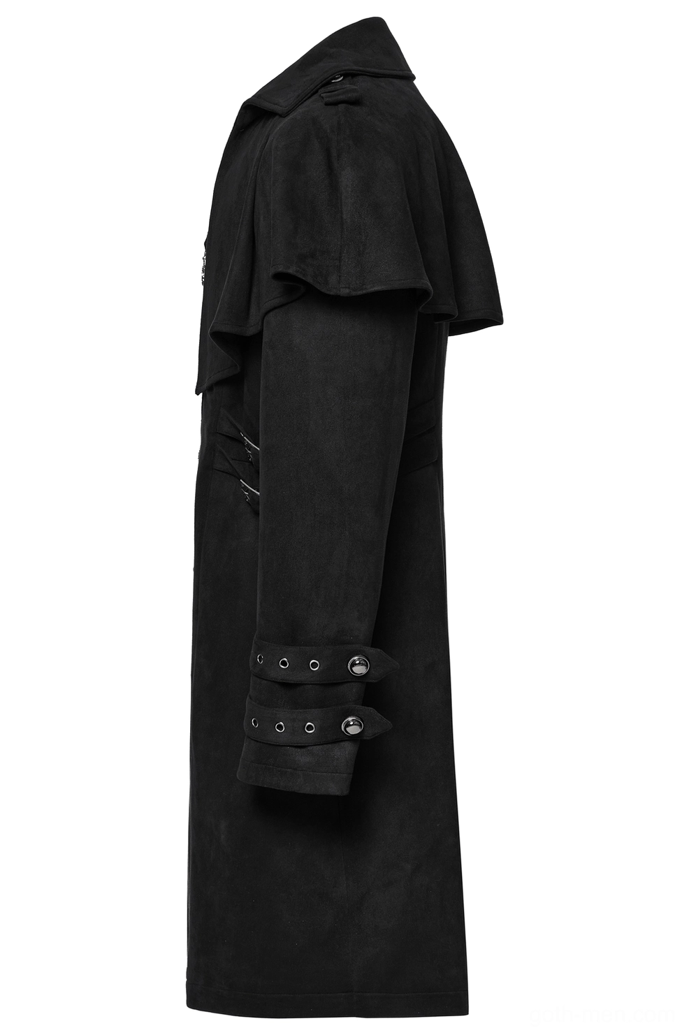 Black suede gothic cape coat side view displaying tailored sleeve construction, decorative buckle placement, cape shoulder proportion, and garment silhouette