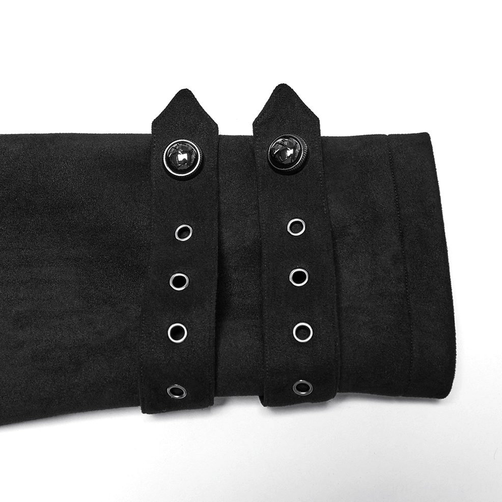 Black gothic cape coat cuff buckle hardware close-up showing double buckle straps, hand-carved metal details, rivet construction, and suede texture