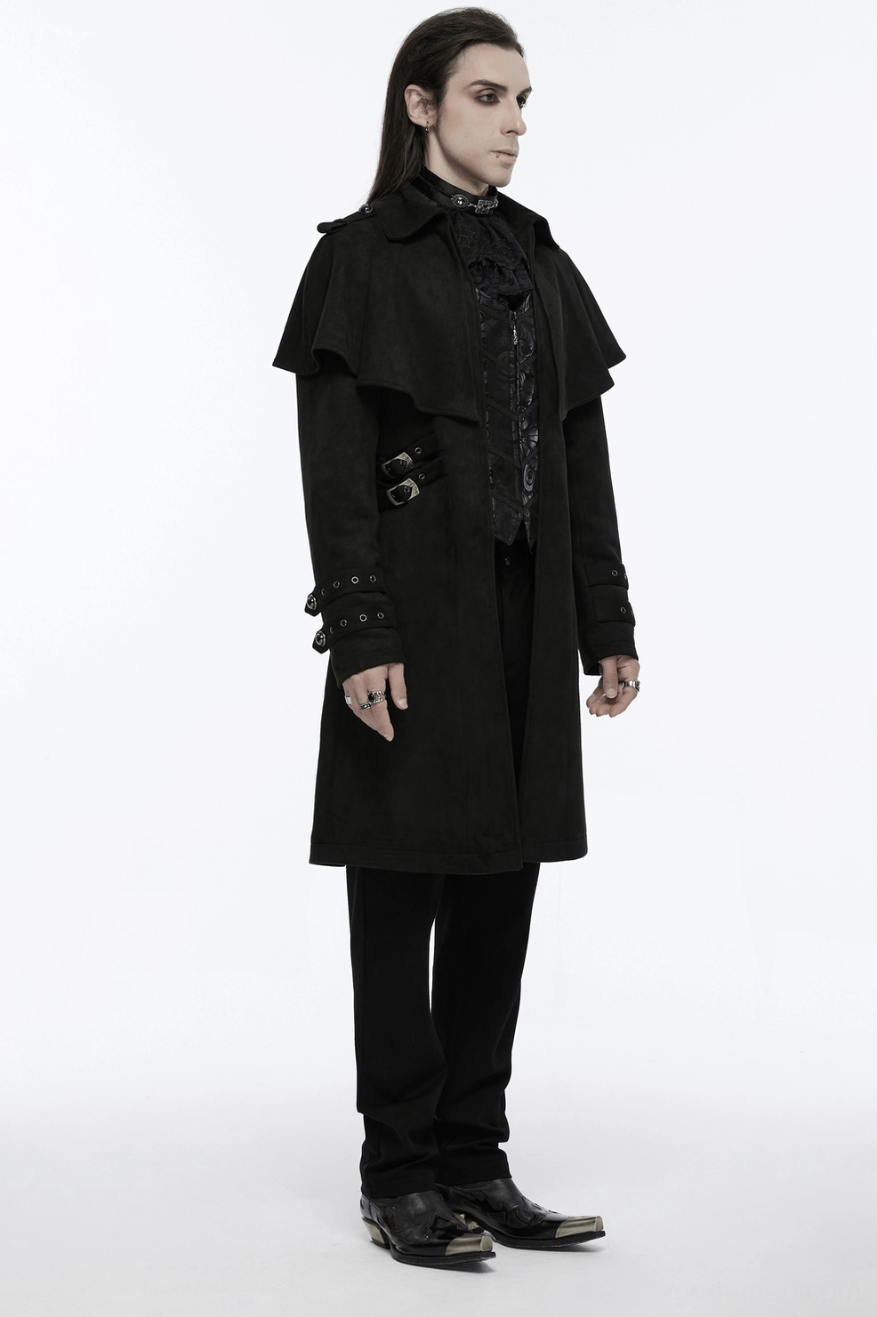 Black gothic cape coat full length display showing dramatic silhouette, cape drape proportion, tailored fit through torso, and hem construction detail