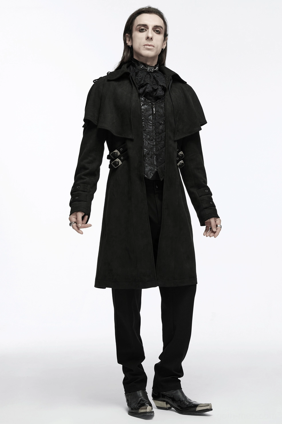 Black suede gothic cape coat shoulder buckle decoration close-up displaying hand-sewn ornamental buckles, metal rivets, and detailed craftsmanship