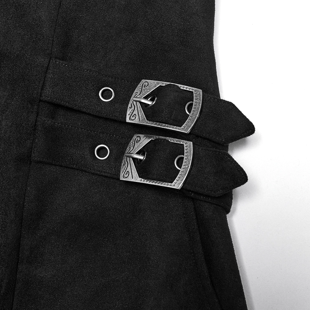 Black suede gothic cape coat side buckle detail flat lay displaying decorative metal buckles, suede fabric texture, and ornamental hardware craftsmanship