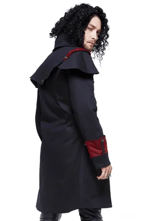 Gothic black and red cape coat side rear view showing elongated hem and contrast red cuff details on male model