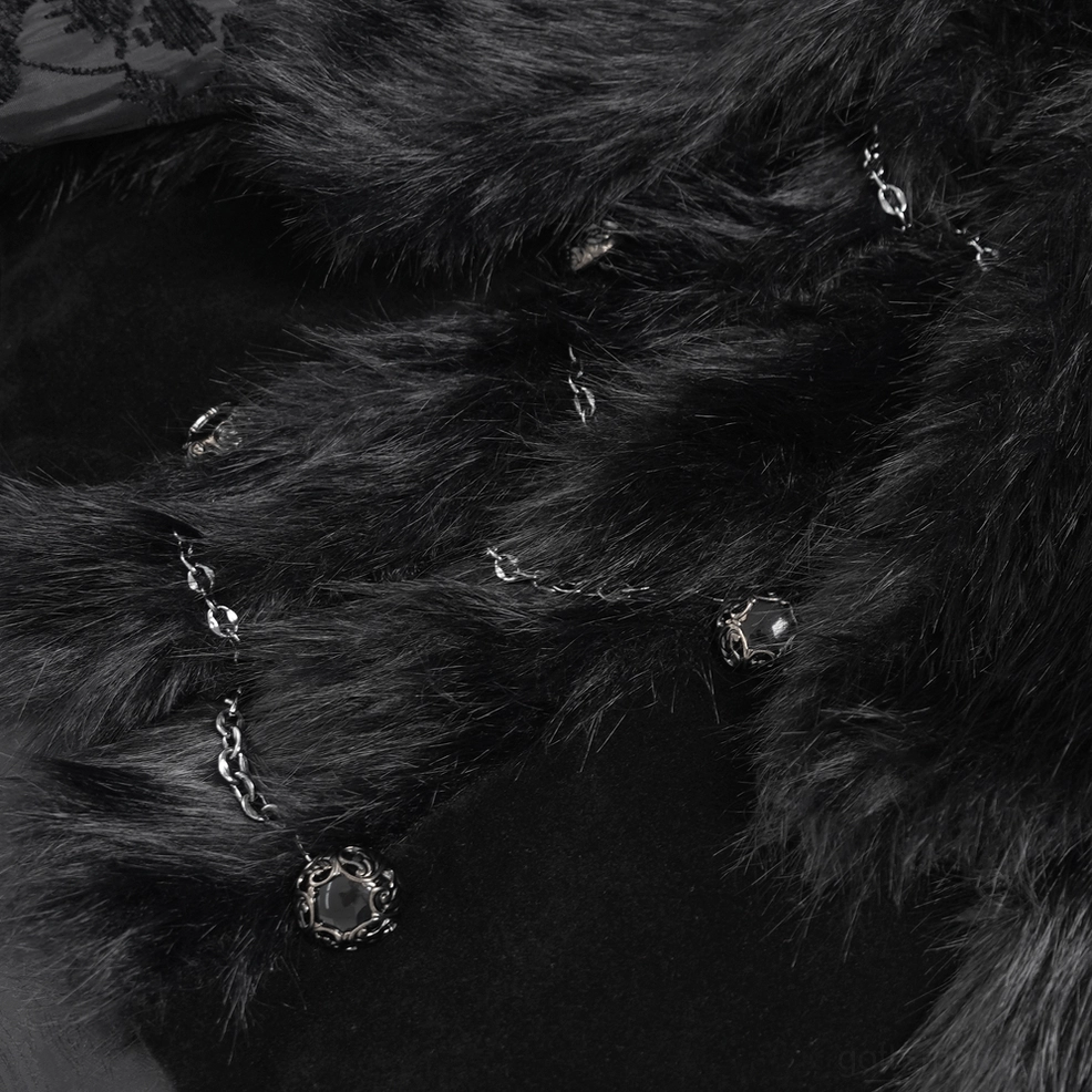 Detailed view of gothic cape mannequin display showing faux fur collar placement and overall cropped proportions