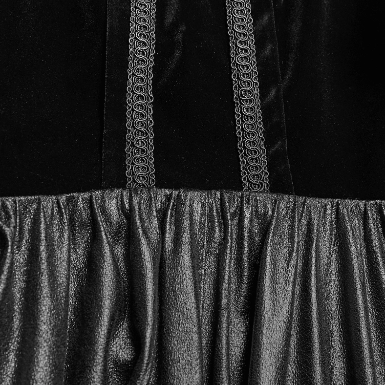 Close-up of gothic cape front trim showing braided embroidered details and velvet panel accents