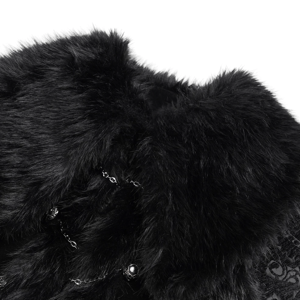 Close-up detail shot of thick fluffy black faux fur collar showing quality and texture of gothic cape trim
