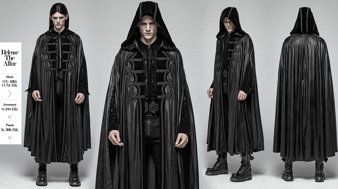 Gothic black hooded cape floor-length rear view with satin drape and hood attachment detail