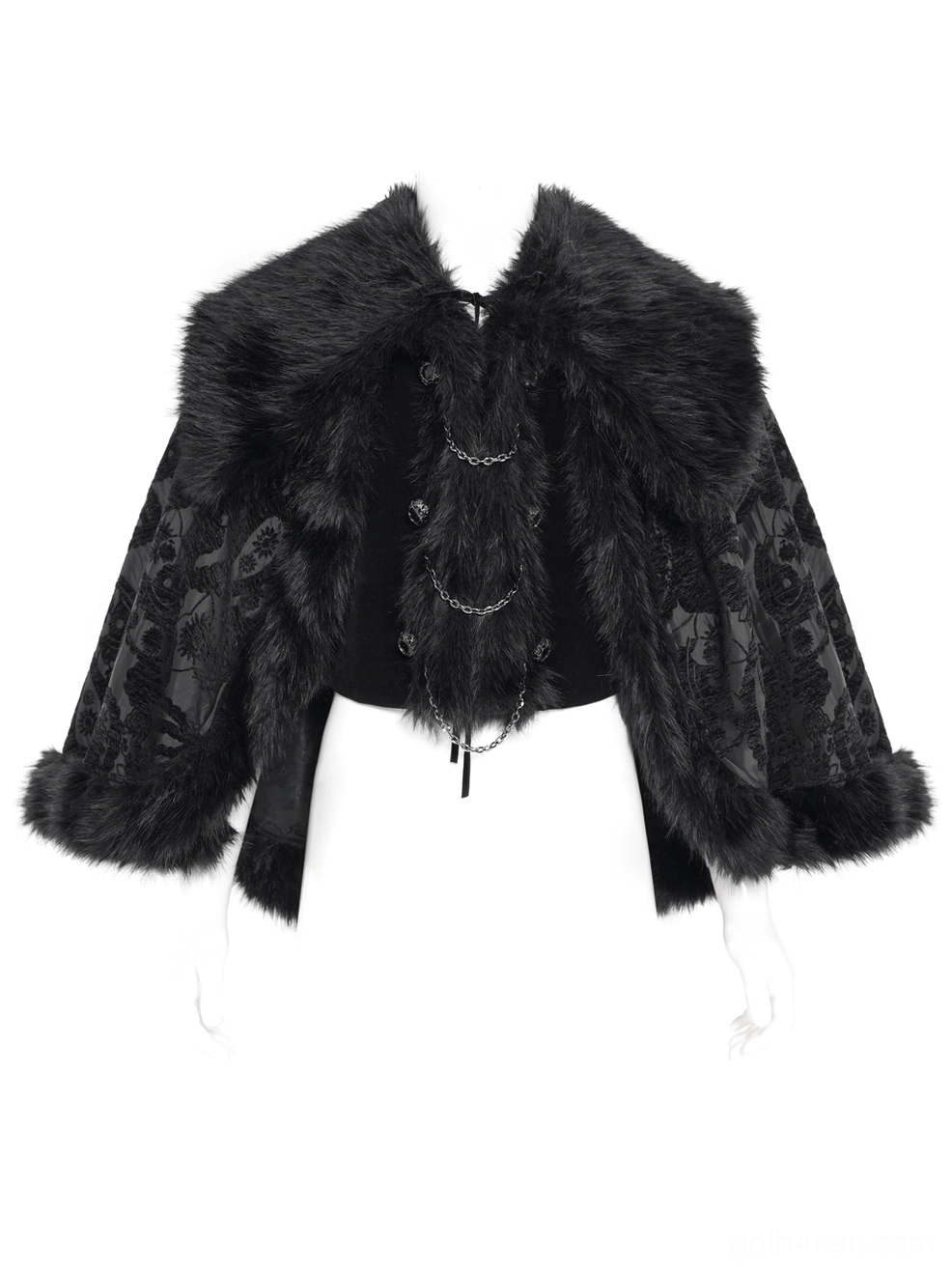 Front view of black gothic cape on mannequin highlighting metal chain decorations and faux fur collar details