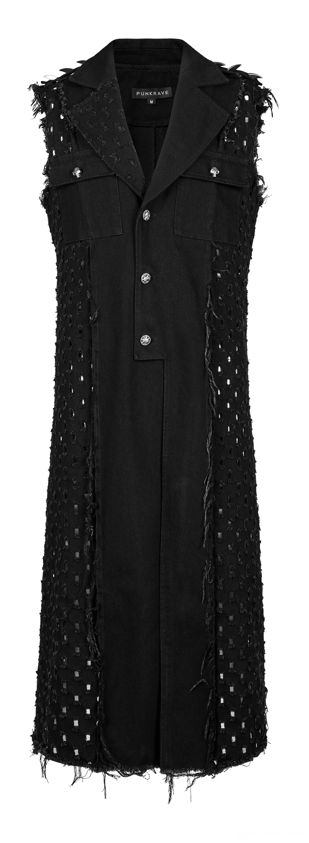 Front flat lay view of black distressed gothic cape showing notched lapels and perforated mesh side panels