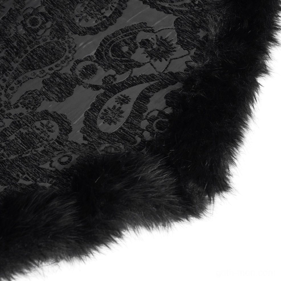 Full length view of black gothic cape with faux fur collar and hem trim displayed on dress form mannequin