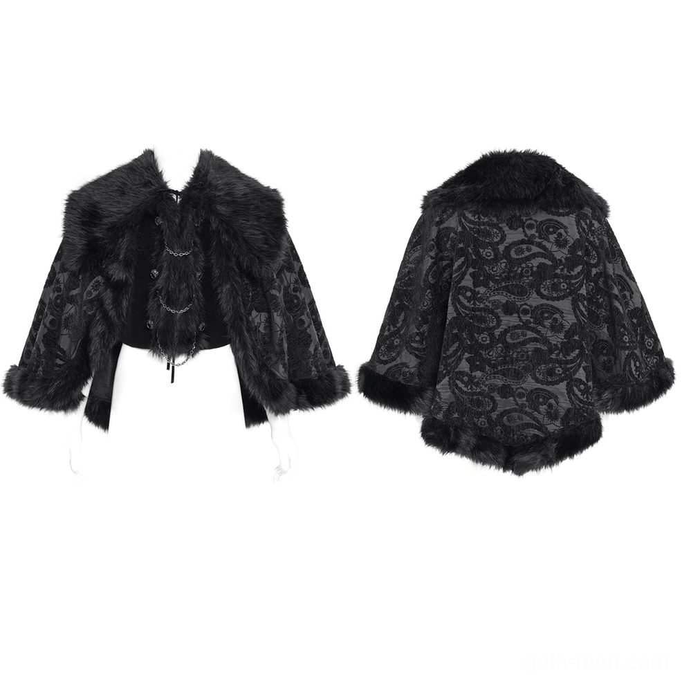 Black gothic cape displayed on mannequin front and back, showing cropped waist-length cut with faux fur collar and hem trim