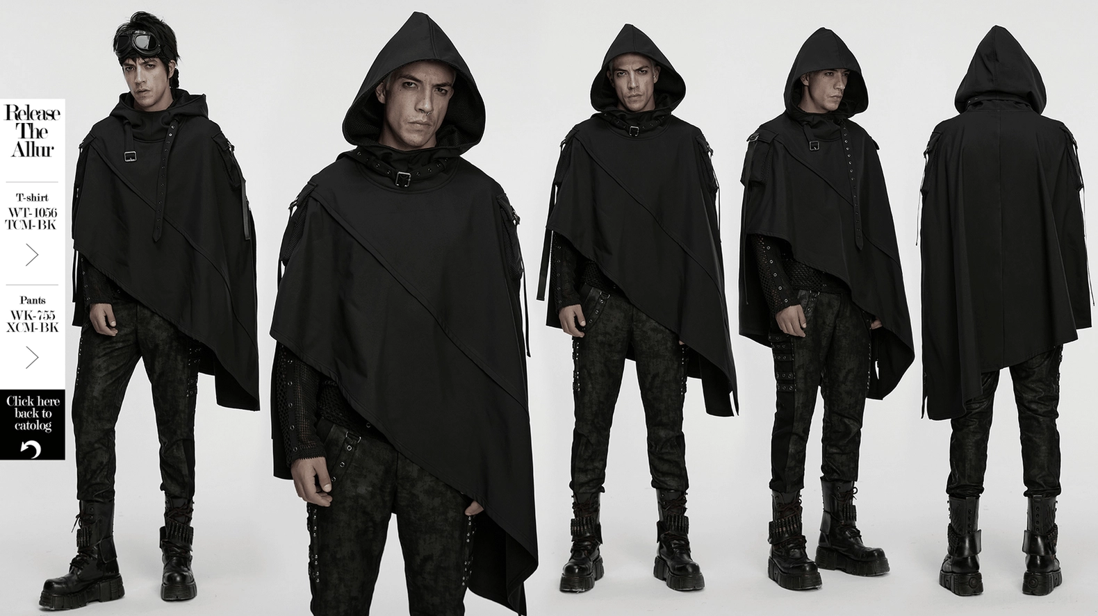 Hooded waterproof gothic cape demonstrating mesh inner lining, matte black polyester fabric, and technical construction quality