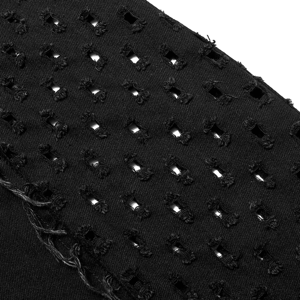 Alternative angle of black distressed gothic cape with mesh panels and spike lapel detailing