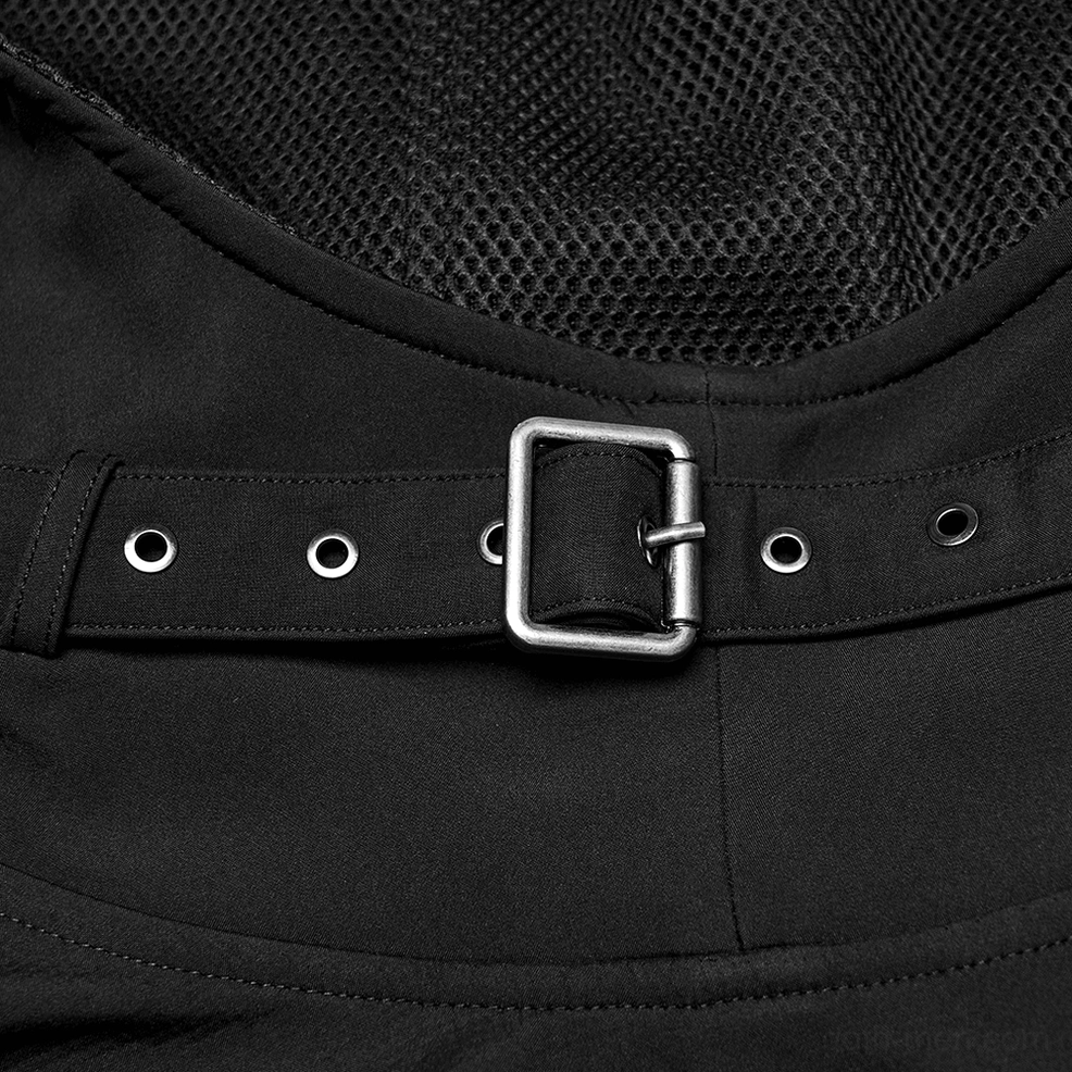 Close-up detail of metal square buckle strap on gothic techwear cape collar, showing premium hardware and mesh inner lining