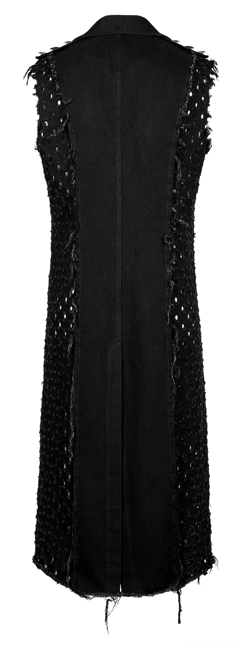 Rear flat lay of black distressed gothic cape showing solid back panel and authentic frayed hem