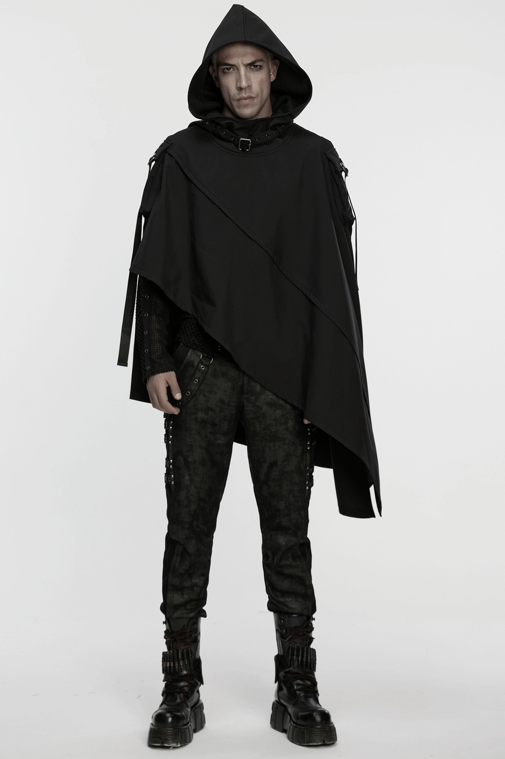 Waterproof gothic techwear cape showing segmented panel construction, metal hardware details, and dramatic asymmetric design