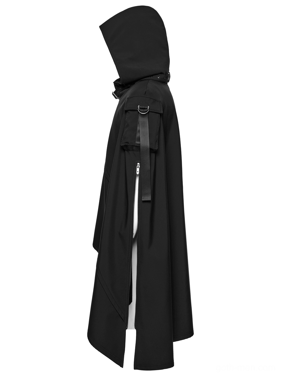 Waterproof gothic techwear cape side view showing 3D segmented pocket with webbing D-ring attachment and tactical functionality