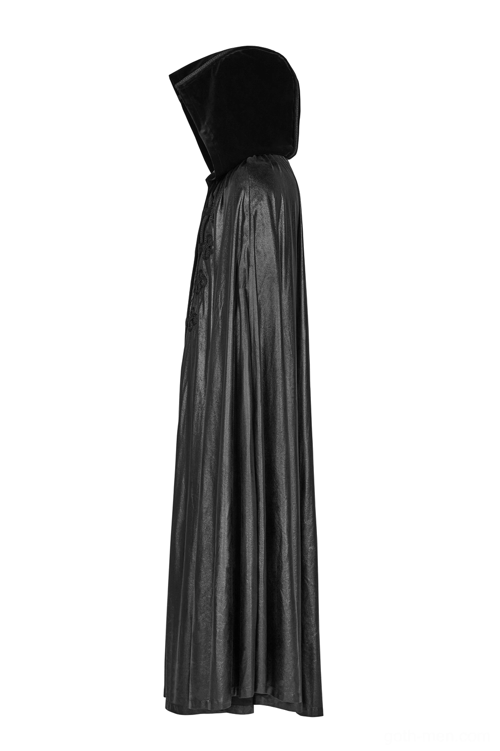 Black gothic hooded cape side profile showing fitted hood and sleek draped fabric movement