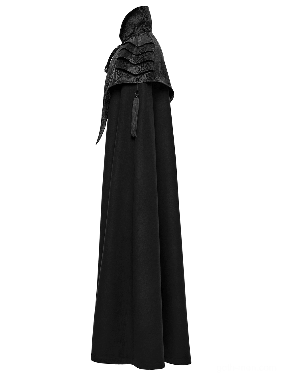 Gothic shoulder armor cape left side rear view - hanging tassel accent and slim floor-length silhouette