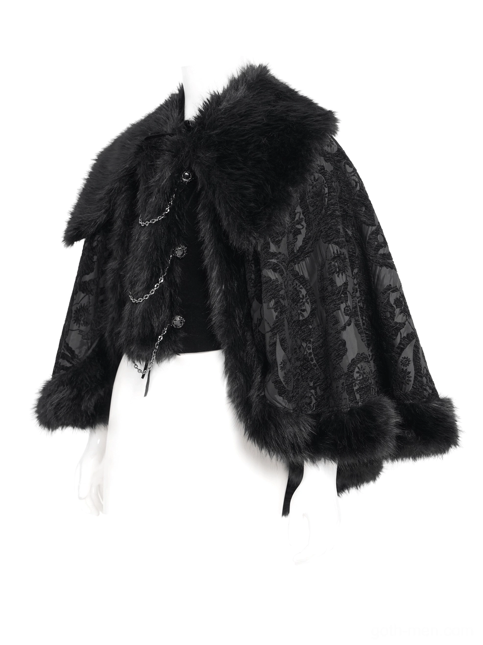 Side front angle of gothic cape showing cropped silhouette with button closures and decorative hardware accents