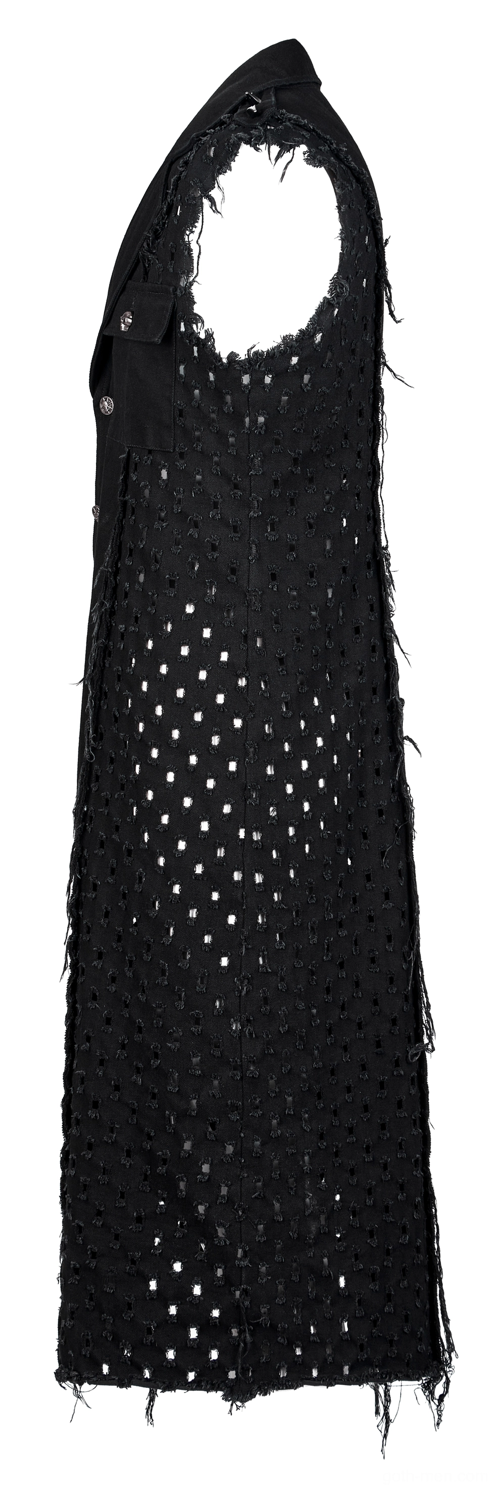 Side profile flat lay of black gothic cape highlighting perforated mesh fabric and frayed bottom edge