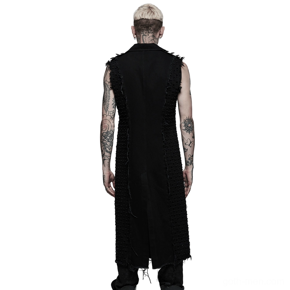 Rear view of black gothic cape displaying full sleeveless silhouette and frayed hem detailing on male model