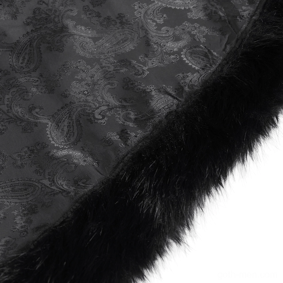 Black gothic cape displayed on mannequin showing structured cut and dramatic faux fur-trimmed silhouette from front angle