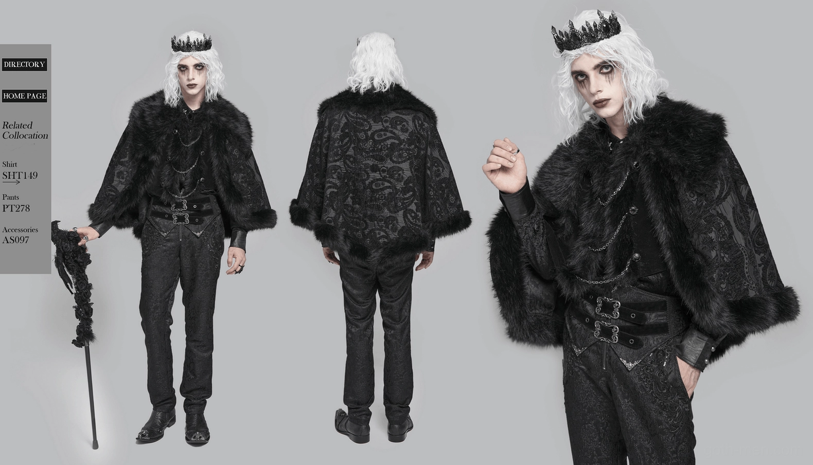 Black gothic cape worn on male model showing dramatic theatrical silhouette and faux fur-trimmed edges