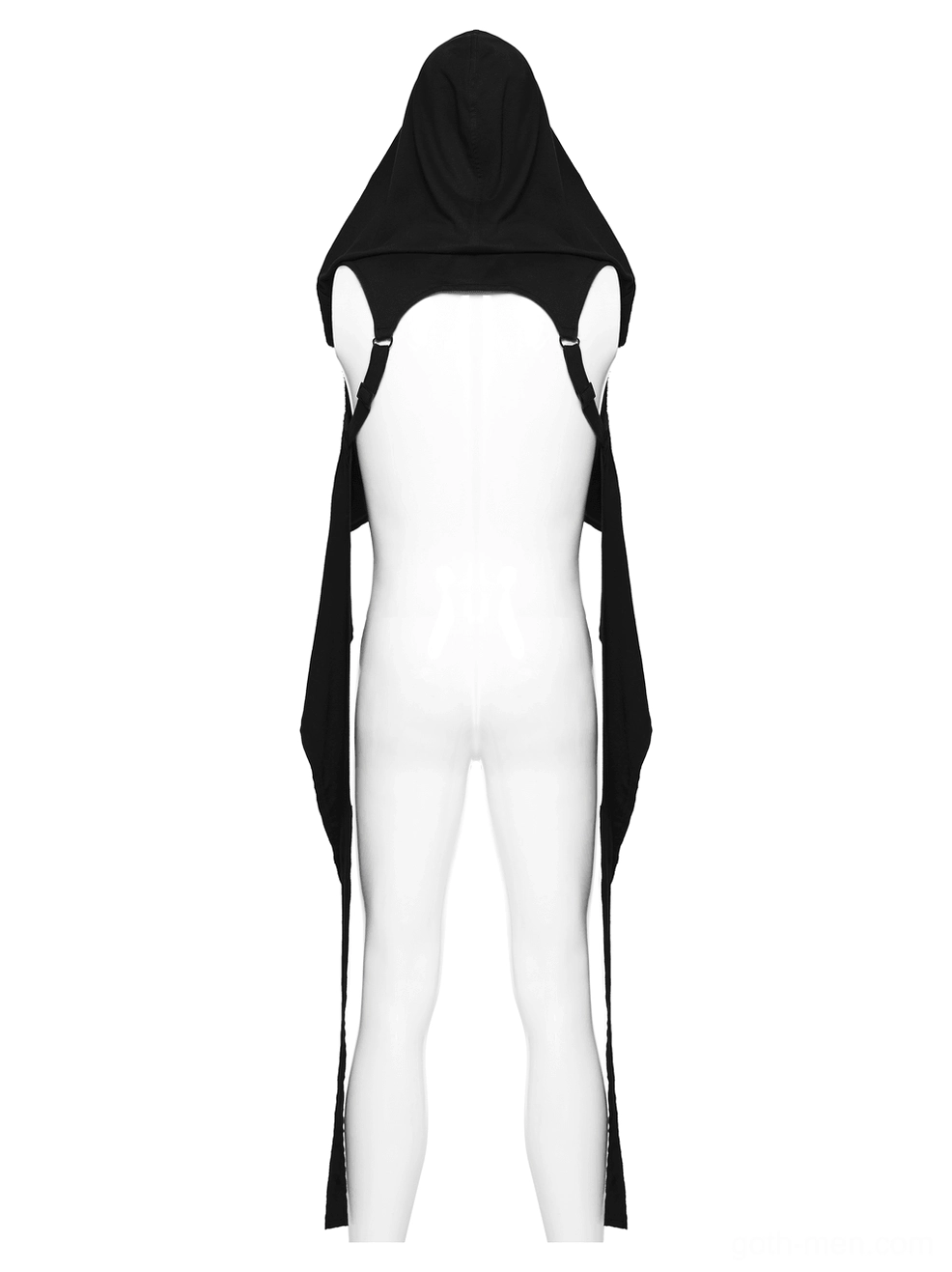Gothic hooded cape vest rear full-body view back strap harness dual drapes