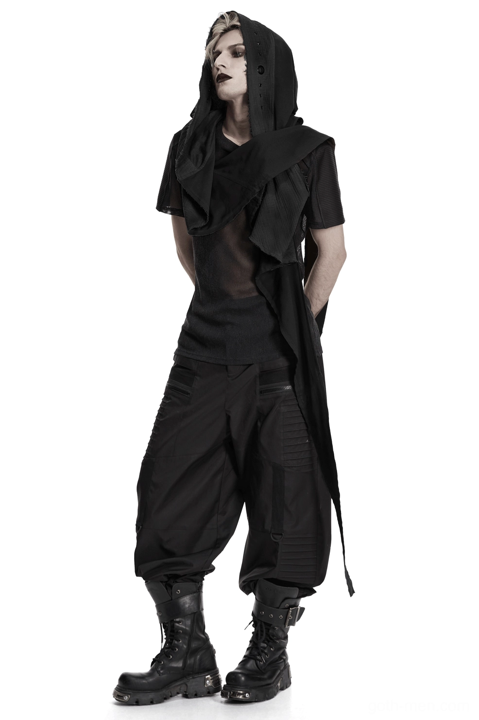 Post-apocalyptic hooded cape vest three-quarter rear view on male goth model with combat boots