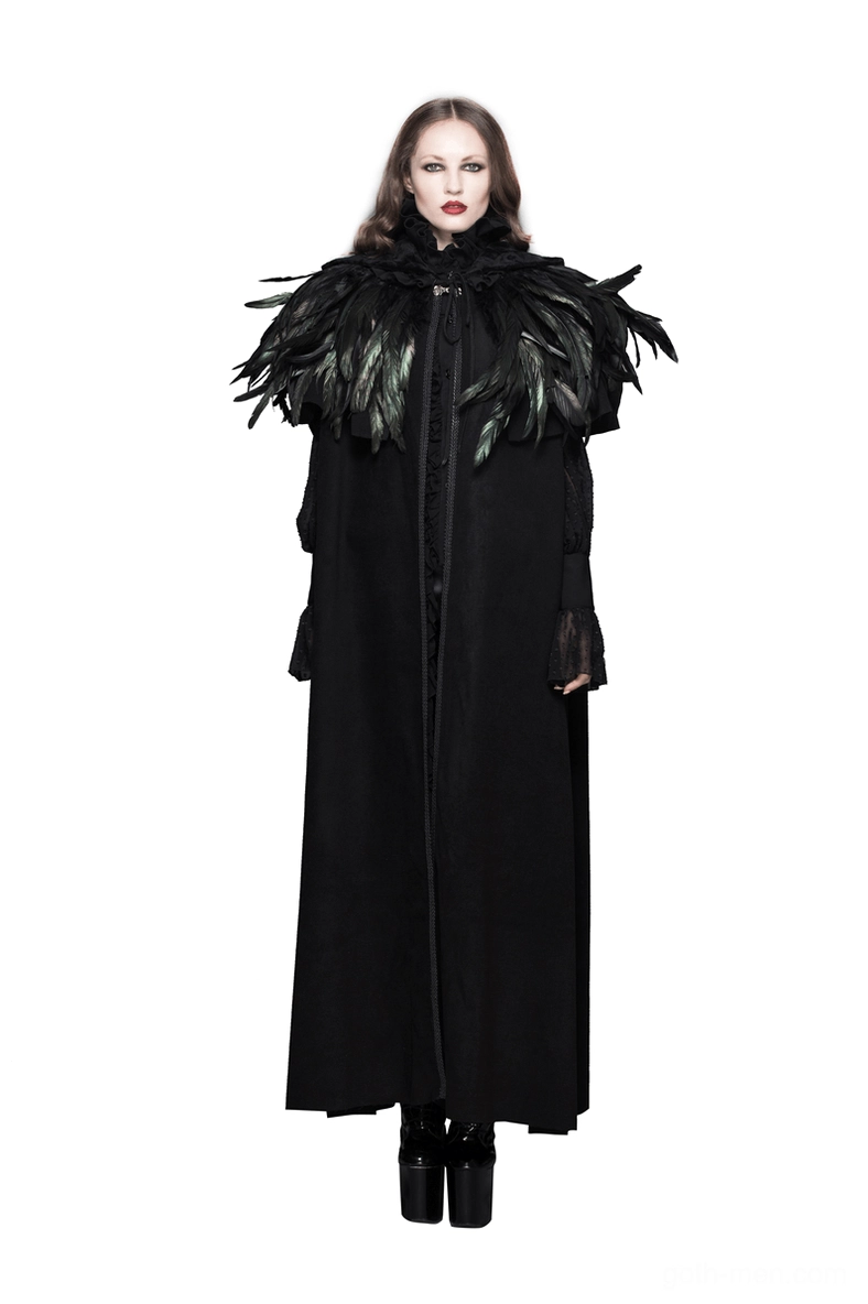 Steampunk gothic capelet front wearing view black feathers drawstring tie theatrical style