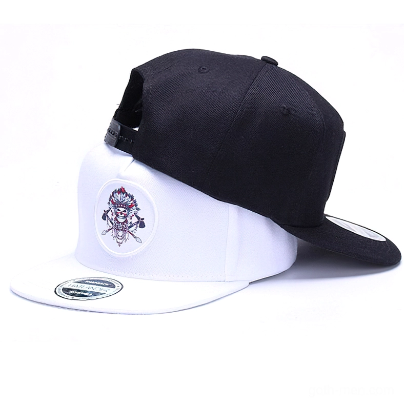 Adjustable snapback baseball caps in black and white tilted side view showing back closure straps and skull embroidery details