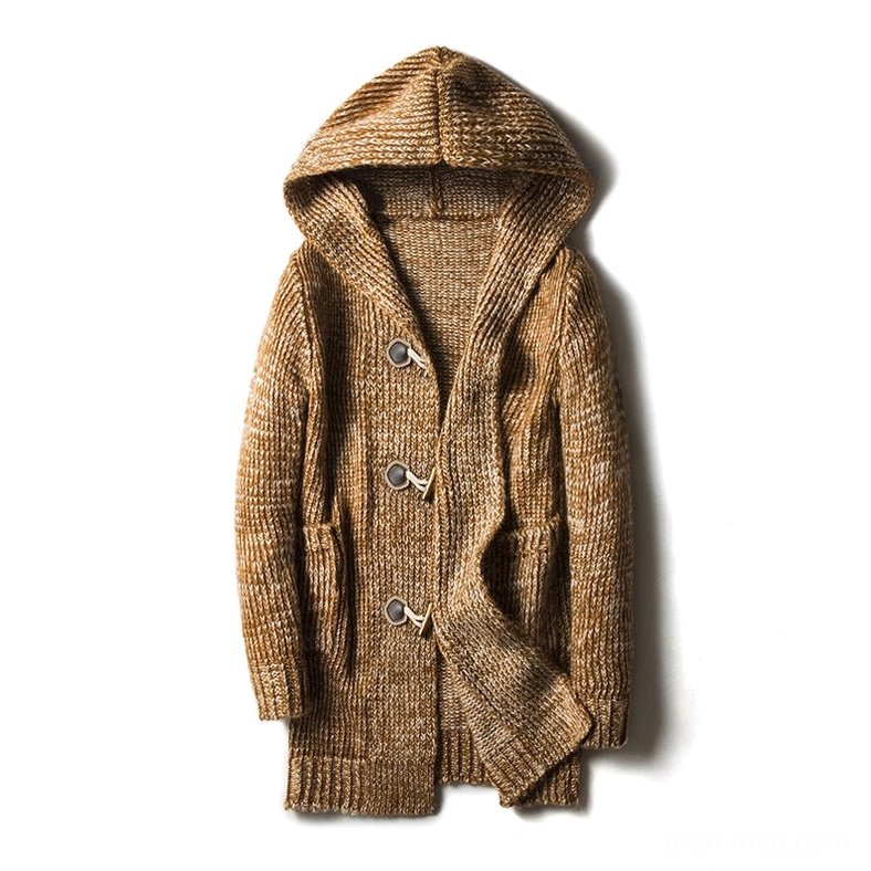 Khaki hooded toggle knit cardigan coat with front patch pockets and ribbed knit details