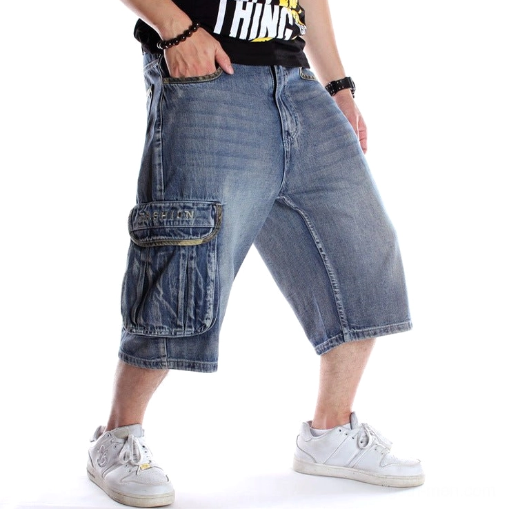 Gothic alternative denim capri shorts front side angle - letter printed cargo pocket faded blue wash